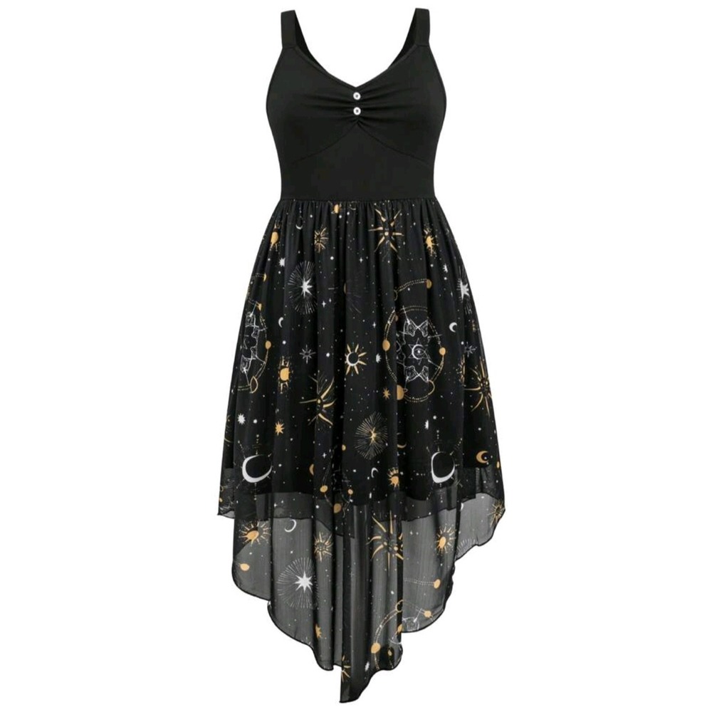 Womens Size 1XL Gothic Whimsy Celestial Sun Moon Star Flowy Dress